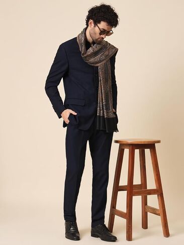 Zamour Large Jacquard Woven Indian Shawl Wrap for Men, Light Weight, Traditional Floral Jaal Patterns Black in Kuwait