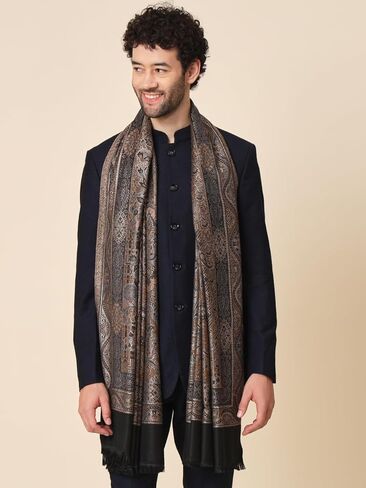 Zamour Large Jacquard Woven Indian Shawl Wrap for Men, Light Weight, Traditional Floral Jaal Patterns Black in Kuwait