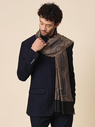 Zamour Large Jacquard Woven Indian Shawl Wrap for Men, Light Weight, Traditional Floral Jaal Patterns Black in Kuwait
