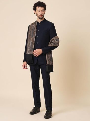 Zamour Large Jacquard Woven Indian Shawl Wrap for Men, Light Weight, Traditional Floral Jaal Patterns Black in Kuwait