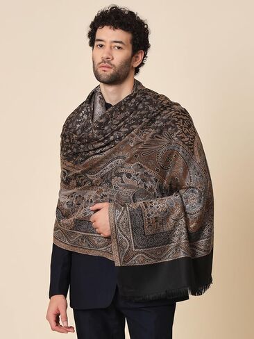 Zamour Large Jacquard Woven Indian Shawl Wrap for Men, Light Weight, Traditional Floral Jaal Patterns Black in Kuwait