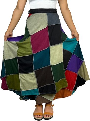 Agan Traders Women's 2024 Fall Distressed Boho Gypsy Hippie Patched Skirt - Adjustable Wrapper Long Skirts for Women in Kuwait
