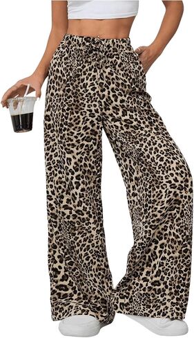 Floerns Women's Drawstring Waist Leopard Print Trousers Tie Front Wide Leg Pants in Kuwait