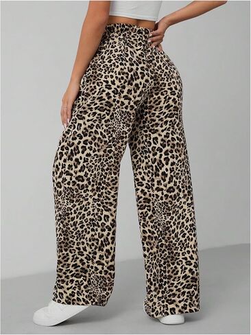 Floerns Women's Drawstring Waist Leopard Print Trousers Tie Front Wide Leg Pants in Kuwait