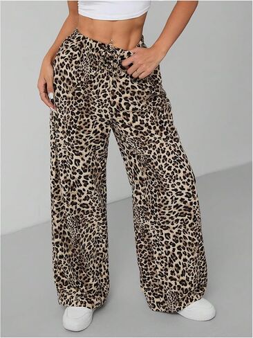 Floerns Women's Drawstring Waist Leopard Print Trousers Tie Front Wide Leg Pants in Kuwait