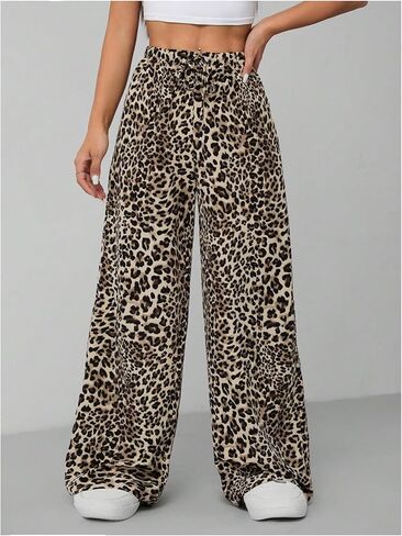 Floerns Women's Drawstring Waist Leopard Print Trousers Tie Front Wide Leg Pants in Kuwait