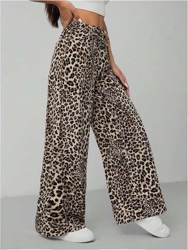 Floerns Women's Drawstring Waist Leopard Print Trousers Tie Front Wide Leg Pants in Kuwait