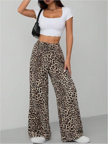 Floerns Women's Drawstring Waist Leopard Print Trousers Tie Front Wide Leg Pants in Kuwait