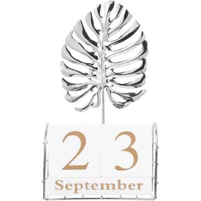 Wakauto Date Desk Calendar Perpetual Calendar Wood Block Perpetual Calendar Metal Palm Leaf Sculpture Desk Accessory Month Week Date Blocks for Desk Home Office Decoration Golden Tropical