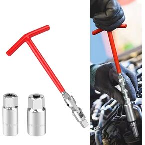3 PCS Car Spark Plug Gap Tool, T-Handle Universal Joint Spark Plug Socket Wrench Set, 16mm (5/8") and 21mm (13/16") Spark Plug Removal Tool (Red)