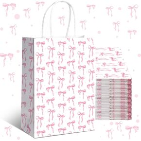 Kolldenn 16 Pcs Coquette Pink Bow Paper Gift Bags Women Birthday Christmas Party Favor Goodie Candy Bags with Handles for Bridal Engagement Party Supplies 8.3 x 5.9 x 3.1 In(Small Pink Bow)