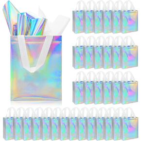 ZIFTY 32 Pcs Reusable Gift Bags with Handles, Perfect as Birthday Gift Bags, Party Gift Bags, Paired with White and Holographic Tissues, 8W x 4L x 10H