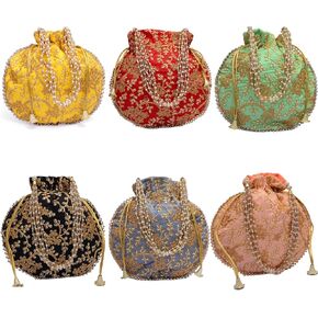Handcrafted Women's Silk Embroidered Sequin Potli Bag Clutch with Golden Thread Pearl Handle and Tassels Pouch Bag