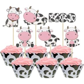 Gyufise 24Pcs Cow Cupcake Toppers Glitter Farm Animals Moo Cupcake Picks Cow Theme Baby Shower Kids Birthday Party Cake Decorations Supplies
