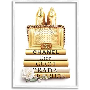 Stupell Industries Divine Golden Fashion Purse on Glam Designer Bookstack, Designed by ROS Ruseva White Framed Wall Art, Gold