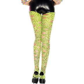 MUSIC LEGS Cut Out Leopard Print Footless Tights Rave Neon Glowing in the Dark, Neon Green