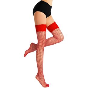 LUCKELF Women's Fishnet Thigh High Stockings Lace Top Fishnets Pantyhose Stay Up Nylons Silicone Hosiery Solid Colour