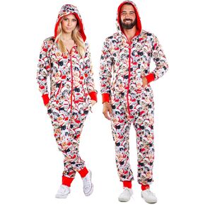 Tipsy Elves Christmas Onesies for Adults - Comfy Unisex Matching Holiday Jumpsuits with Convenient Pockets - Multicolor Meowy Christmas Christmas Jumpsuit For Women and Men Size X-Large
