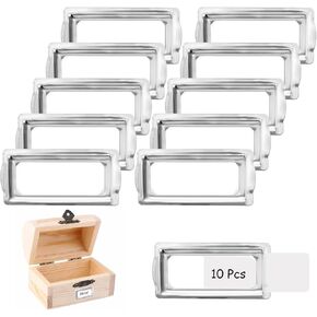 10Pcs Self Adhesive Metal Bookplates for Books Card Horizontal Clip Label Holders Frame Label Plates Metal Drawer Labels Clip Label Holders Silver for Library Book Office File Cabinet Drawer Tag