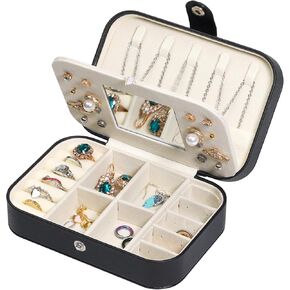 Travel Jewelry Case with Mirror, PU Leather Small Jewelry Organizer for Women Girls, Portable Mini Box, 2 Layer Storage Holder Boxes for Rings, Necklaces, Stud Earrings,Bracelets(Black)