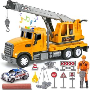 Crane Truck Toy with Hank,Worker and car,Construction Trucks,Friction Powered Crane Truck for Kids 3-8,Toy Crane with Worker,Racecar,Tow,Log Grapple,Trunk,Music&Sounds&Light