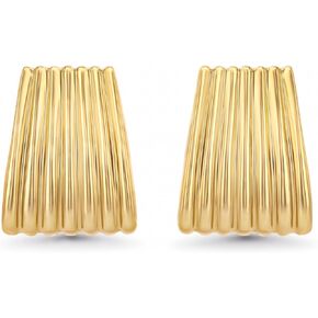 Gold Chunky Statement Earrings for Women, Small Handmade Trendy Stud Ribbed Jewelry Gifts, Rectangle Huggies Fashion Button Earrings Accessories, Vintage Thick Square Nickle Free Huggie Earrings.