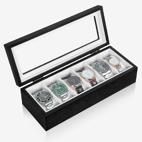 Watch Box, Watch Case for Men 6 Slot Wooden Watch Display Storage Case with HD Tempered Glass Lid Watch Holder Organizer for Men Black