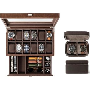TAWBURY GIFT SET | Bayswater 12 Slot Watch Box with Drawer (Brown) and Fraser 2 Watch Travel Case (Brown)