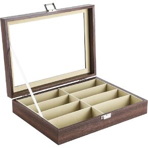 8 Slot Sunglasses Organizer, Leather Multi Eyeglasses Storage Box for Women Men with Clear Glass Cover, Glasses Holder with 8 Slots for Glasses Watches Jewelry, Brown