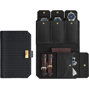SONGMICS HOME RONNE Collection - 3 Watch Travel Case, PU Leather Woven Embossed Watch Pouch, Portable Watch Storage Organizer, 8.7 x 5.7 x 1.8 Inches, Gift Idea, Ink Black UJWB018B01