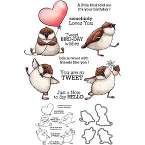 Cute Funny Fatty Birds with Heart Clear Stamps and Cutting Dies Set for Card Making DIY Scrapbooking Supplies Silicone Stamps Metal Cut Dies for Paper Albums Crafts Decor