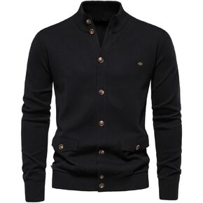 Mens Cotton Cardigan Sweater with Pockets Casual Long Sleeve Stand Collar Buttons Down Cable Knit Sweaters for Men