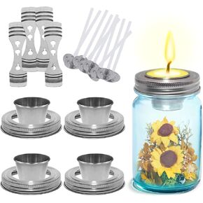 Aikeve Mason Jar Candle Making Kit,4 Pack Regular Mouth Lids,Cups,Holder,20pcs Wicks and Stickers,DIY Scented Candle for Home Party Wedding Decor Mother's Day Gift(Jar and Wax Not Included)