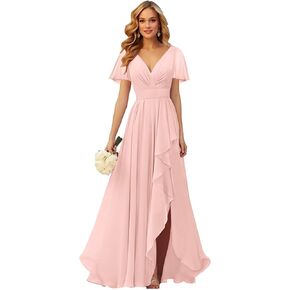 OFEYCHUN Short Sleeve Bridesmaid Dresses for Wedding with Ruffle Slit V Neck Chiffon Long Formal Dress