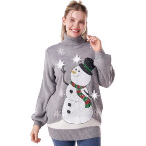 Giggling Getup Christmas Ugly Sweater Dress, 3D Snowman Women Turtleneck Loose Sweater