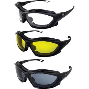 Birdz Eyewear Canopy Padded Motorcycle Sunglasses Riding Safety Glasses ANSI Z87.1 Convertible to Goggles 3 Pairs Black Frame w/Anti fog Clear Smoke & Yellow Lenses