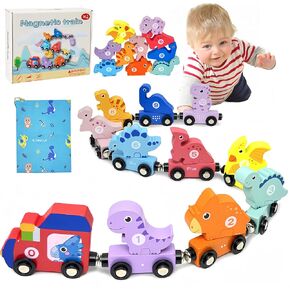 Toys for Toddlers Age1-3, 2 in 1 Baby Magnetic Train Set Dinosaur Stacking Toy, Kids Number Matching Wooden Train Toy Montessori Toys, Brithday for Boys Girls 1 2 3 Years Old