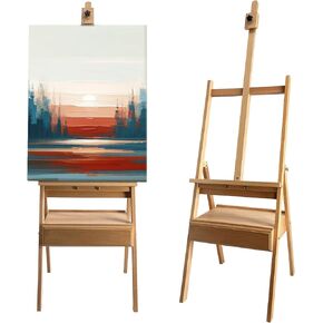 Large Solid Beech Wood Painting Easel with Storage Drawer(60"~75" H), H-Frame Adjustable Wooden Easel Stand with Signature Box for Adults, Students,Sturdy Canvas Holder up to 36''