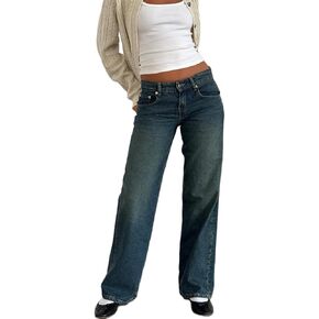 Mxiqqpltky Low Rise Jeans for Women Mom Jeans Wide Straight Leg Baggy Jeans Y2k Vintage Boyfriend Denim Pants Streetwear