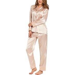 SWOMOG Womens Silk Satin Pajamas Set Long Sleeve Sleepwear Two Pieces Loungewear Set Button-Down Contrast Pjs Set