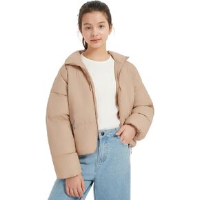 EXARUS Girls Puffer Jacket Warm Water Repellent Oversized/Cropped Stand Collar Pockets Zip up Quilted Short Bubble Coat