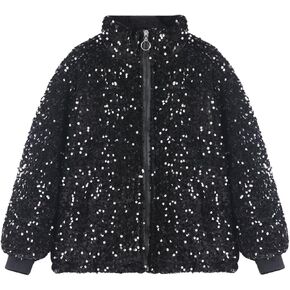 WELAKEN Girls Sequin Quilted Jacket Sparkly Warm Sherpa Fleece Lined Cotton Coat