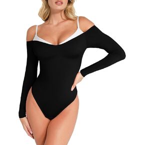 Popilush Long Sleeve Bodysuit Off The Shoulder Tops For Women Tummy Control Body Suit Built In Bra