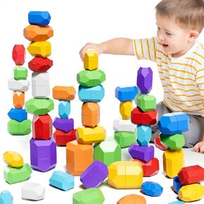 Lucky Doug Montessori Toddlers Toys for Age 1-3 2-4, 50 PCS Stacking Building Rocks Blocks Stones Toys for 1 2 3 4 Years Old Boys Girls, 1 2 3 Year Old Birthday Toys Gifts for Kids