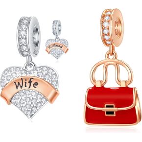GEMDAZZ 2pcs Set Wife Husband and Rose Gold Red Handbag Charms Pendant Fit DIY Bracelet, in 925 Sterling Silver, Valentines Gift for Wife/Girlfriend