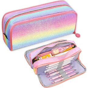 Glitter Rainbow Pencil Case for Girls, Large Capacity Pencil Pouch Pen Bag Organizer with 3 Compartments for Kids Students School Office Supplies Back to School Gifts