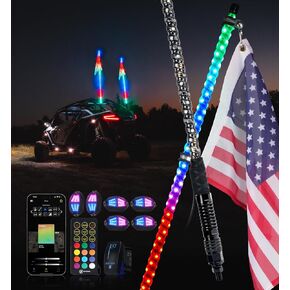 Xprite 2PCS 2FT RGBW Fat Whip Lights, APP & Remote Control Spiral LED Whip Light w/300 Colors & 200 Modes, Waterproof Lighted Antenna Whips Compatible with UTV ATV Polaris RZR Can-Am Truck Jeep