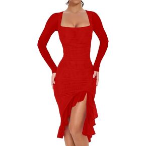 BORIFLORS Women's Sexy Ruched Bodycon Midi Dresses Elegant Mesh Long Sleeve Square Neck Ruffle Hem Cocktail Party Dress, Large, Red