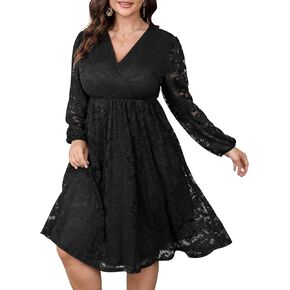Womens Plus Size Lace Midi Dress V Neck Wrap Long Sleeve Flowy A line Cocktail Dresses for Wedding Guest