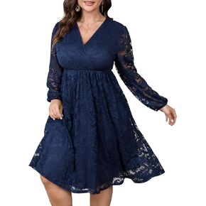 Womens Plus Size Lace Midi Dress V Neck Wrap Long Sleeve Flowy A line Cocktail Dresses for Wedding Guest in Kuwait